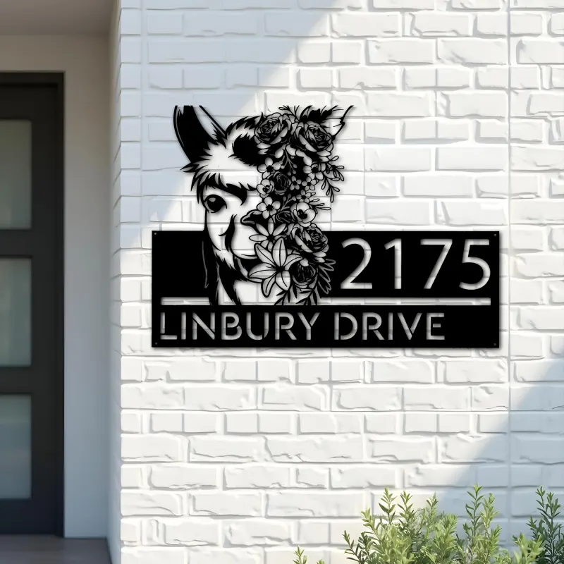 Custom Metal Floral Llama animal Metal Address Sign, House number, Outdoor Number Signage, Yard Sign Address Plate