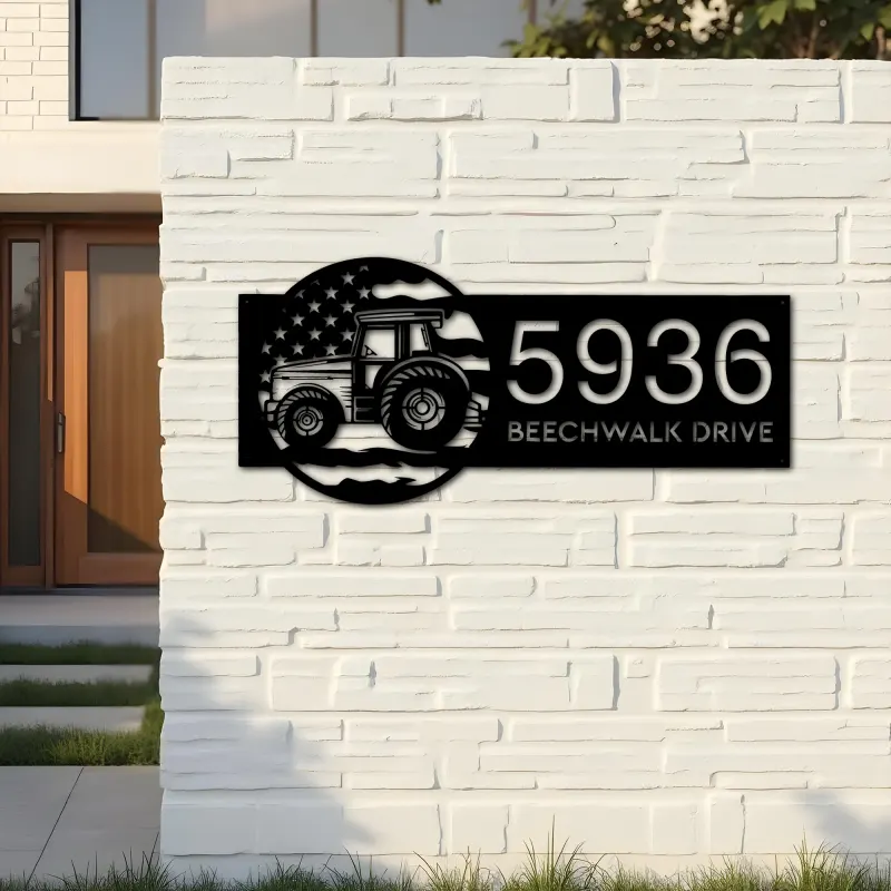 Custom Metal Farm tractor US flag Metal Address Sign Custom House number Hanging Address Plaque Yard Sign Outdoor