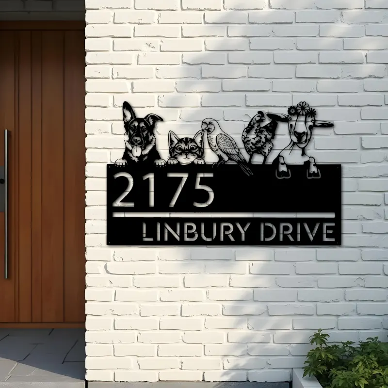 Custom Metal German shepherd cat parrot chicken and goat Metal Address Sign, House number, Outdoor Number Signage, Yard Sign Address Plate