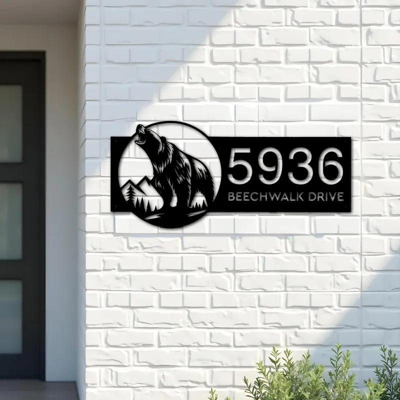Custom Metal Grizzly bear Metal Address Sign, House number, Outdoor Number Signage, Yard Sign Address Plate002