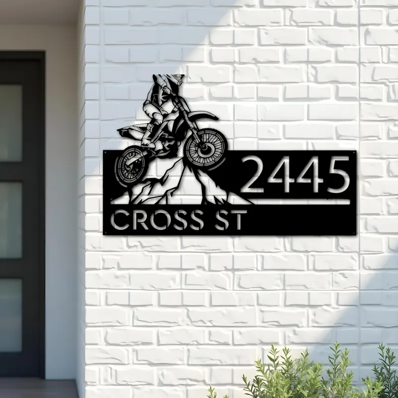 Custom Metal Dirtbike Motocross rider Mountain climbing Metal Address Sign, House number, Outdoor Number Signage, Yard Sign Address Plate