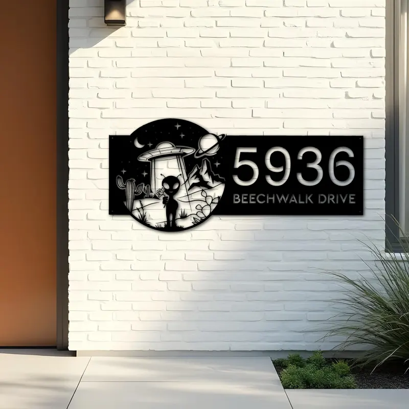 Custom Metal Alien on the Desert UFO Metal Address Sign House number Hanging Address Plaque Yard Sign Outdoor