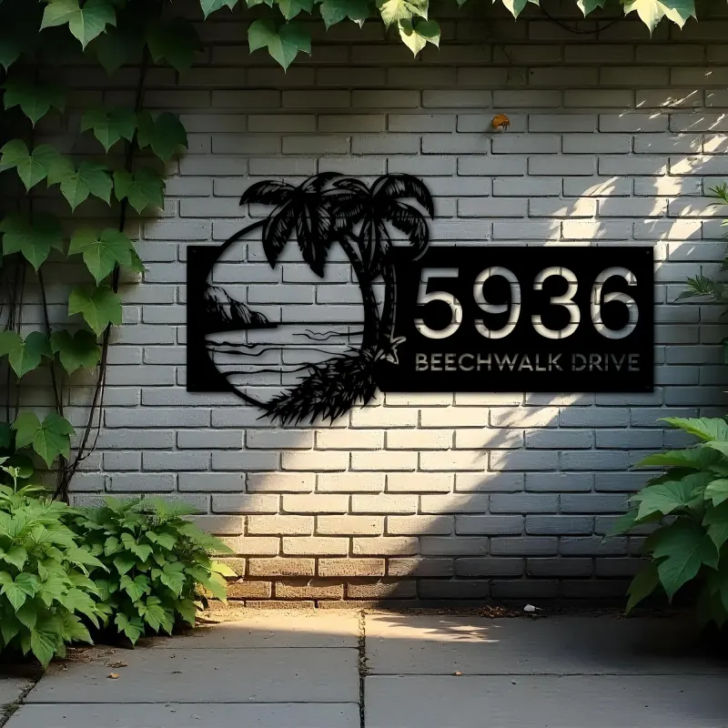 Custom Metal Island Beach Scene Palm Tree Metal Address Sign, House number, Outdoor Number Signage, Yard Sign Address Plate