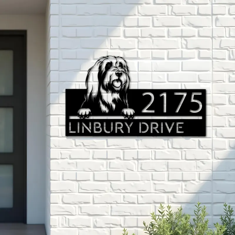 Custom Metal Bearded collie dog Puppy Metal Address Sign House number Hanging Address Plaque Yard Sign Outdoor decor