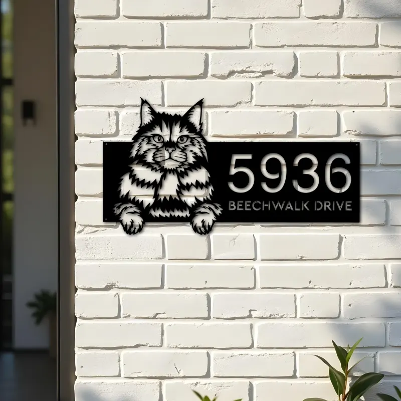 Custom Metal Siberian Cute peeking cat kitten Metal Address Sign, House number, Outdoor Number Signage, Yard Sign Address Plate