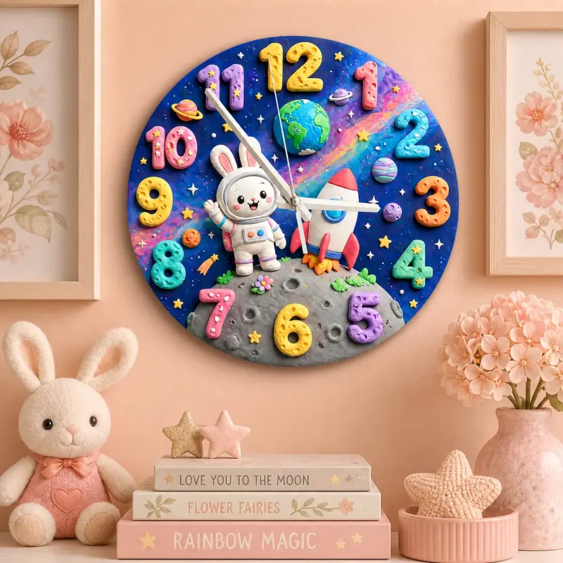 Astronaut Bunny Space Kids Room Wall Clock
