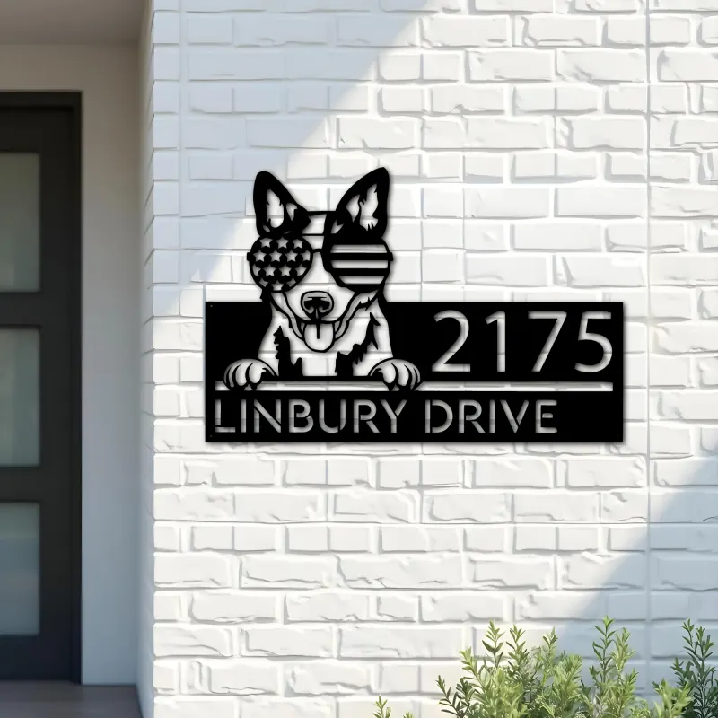 Custom Metal Blue heeler dog US flag glasses Metal Address Sign House number Hanging Address Plaque Yard Sign Outdoor decor