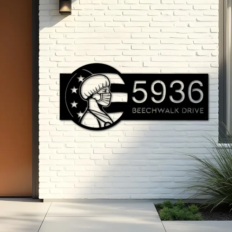 Custom Metal American Nurse Wearing Mask Metal Address Sign, House number, Outdoor Number Signage, Yard Sign Address Plate