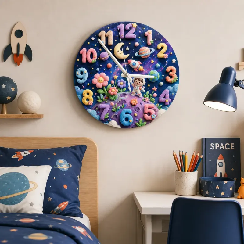 Pastel Space Astronaut Kids Room Wall Clock