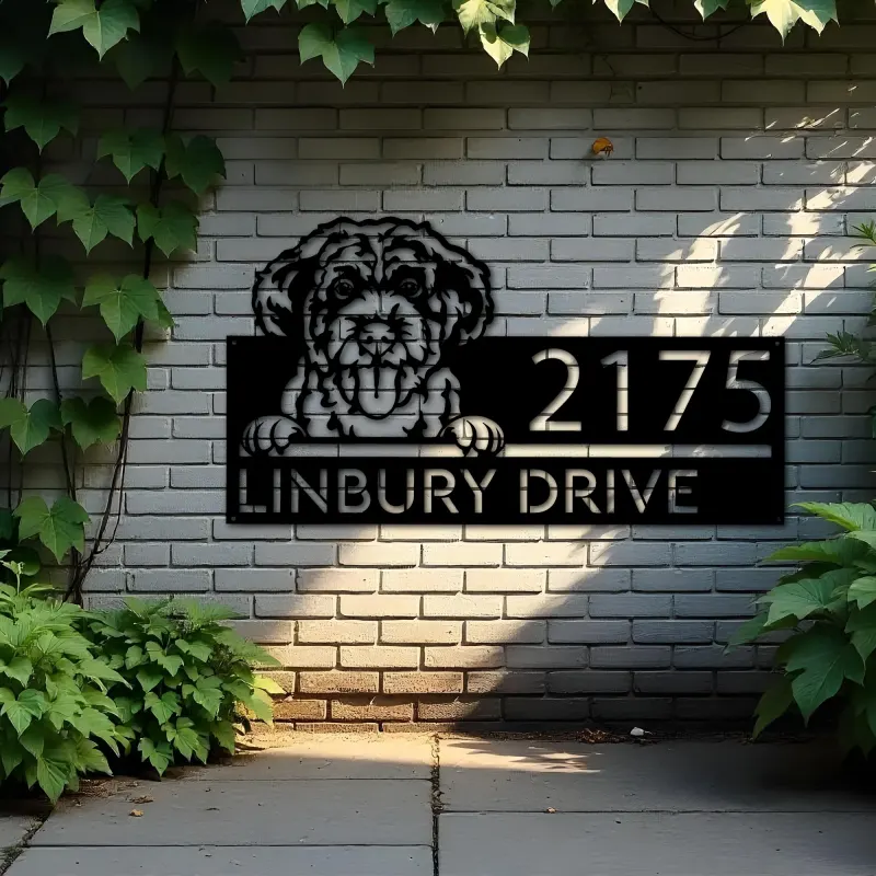 Custom Metal Portuguese Water Dog Cute puppy Metal Address Sign House number Hanging Address Plaque Yard Sign Outdoor decor