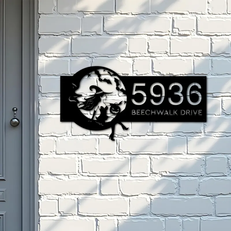 Custom Metal Cute Witch sitting on the moon Metal Address Sign, House number, Outdoor Number Signage, Yard Sign Address Plate