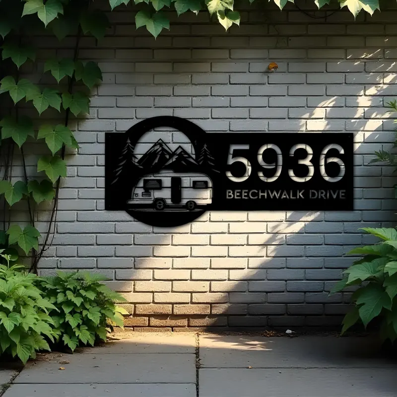 Custom Metal Camping trailer adventure Metal Address Sign Custom House number Hanging Address Plaque Yard Sign Outdoor