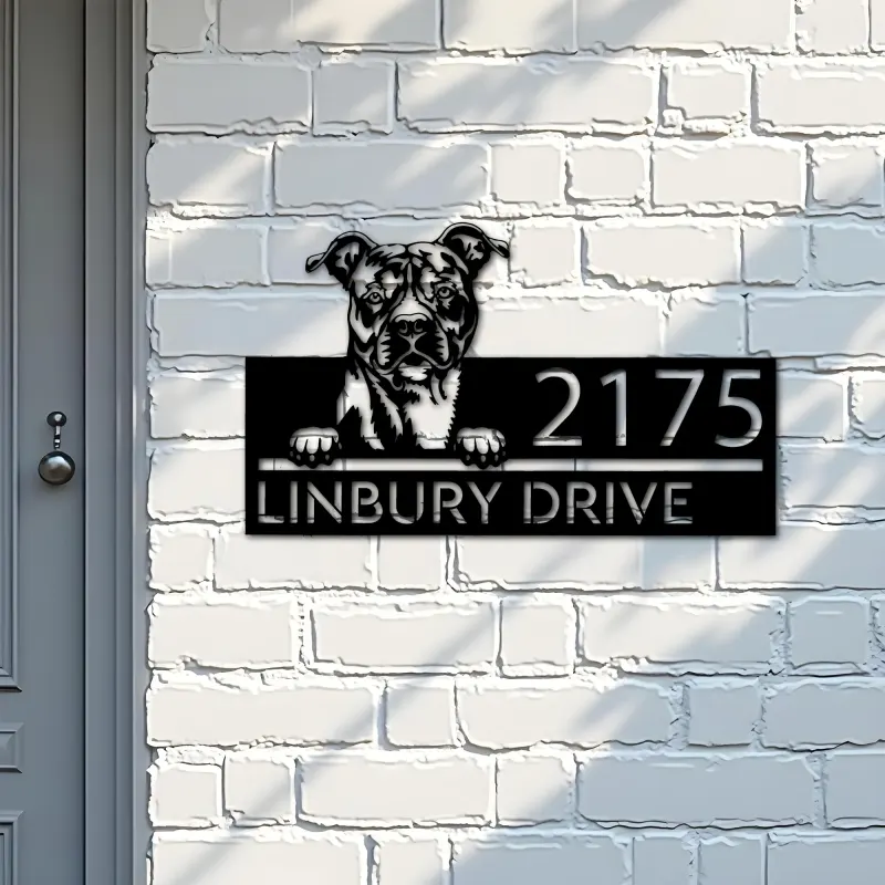 Custom Metal American Staffordshire Terrier dog Metal Address Sign House number Hanging Address Plaque Yard Sign Outdoor decor
