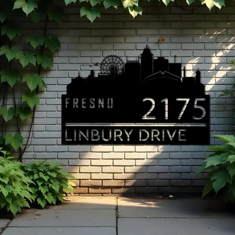 Custom Metal Fresno city skyline Metal Address Sign Hanging Address Plaque house number Yard Outdoor Sign