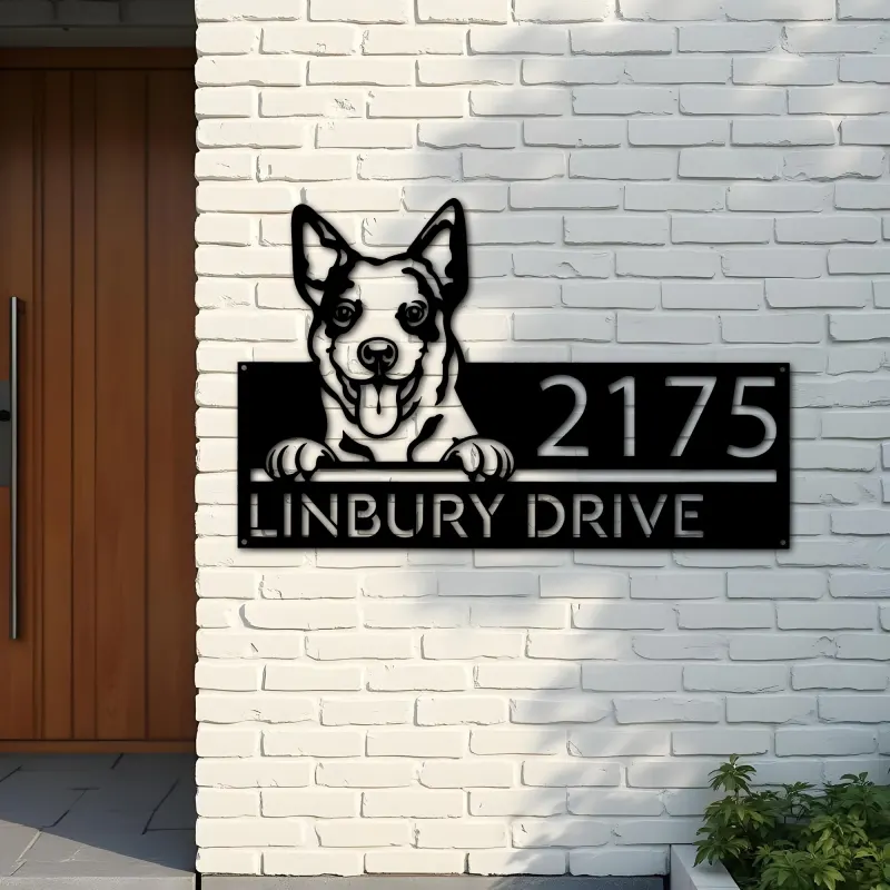 Custom Metal Australian Cattle dog cute puppy Metal Address Sign House number Hanging Address Plaque Yard Sign Outdoor decor