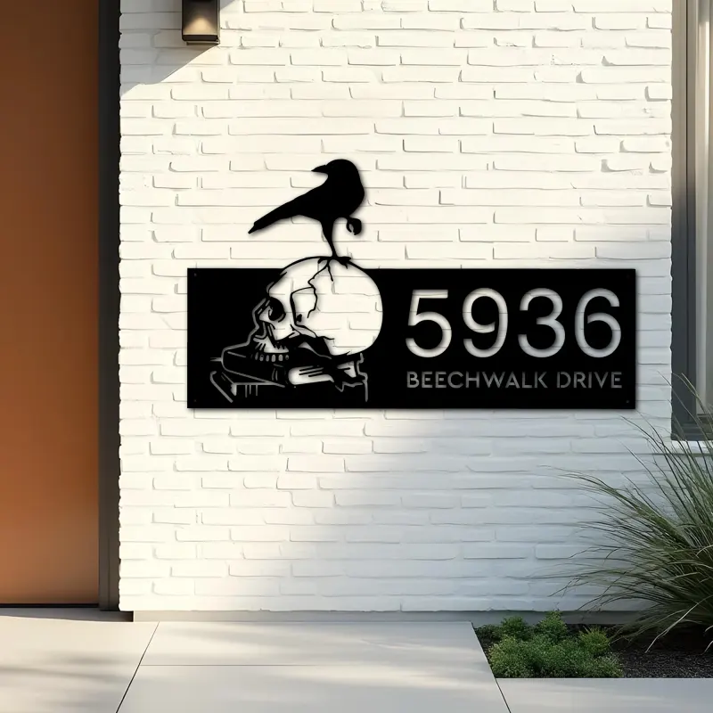 Custom Metal Raven on skull halloween Metal Address Sign, House number, Outdoor Number Signage, Yard Sign Address Plate