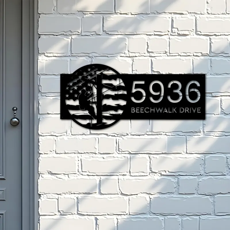 Custom Metal Electrician lineman US flag Metal Address Sign, House number, Outdoor Number Signage, Yard Sign Address Plate
