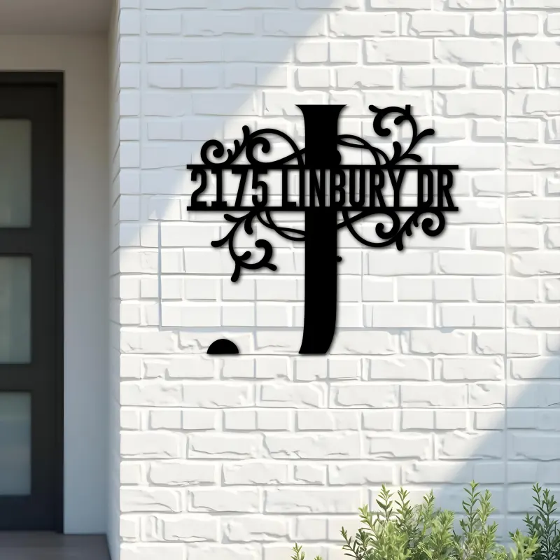 Custom Metal Floral Monogram Split Letter J Metal Address Sign House number Hanging Address Plaque Yard Sign Outdoor decor