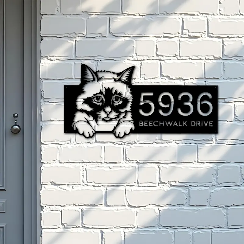 Custom Metal Birman Cute peeking cat kitten Metal Address Sign, House number, Outdoor Number Signage, Yard Sign Address Plate