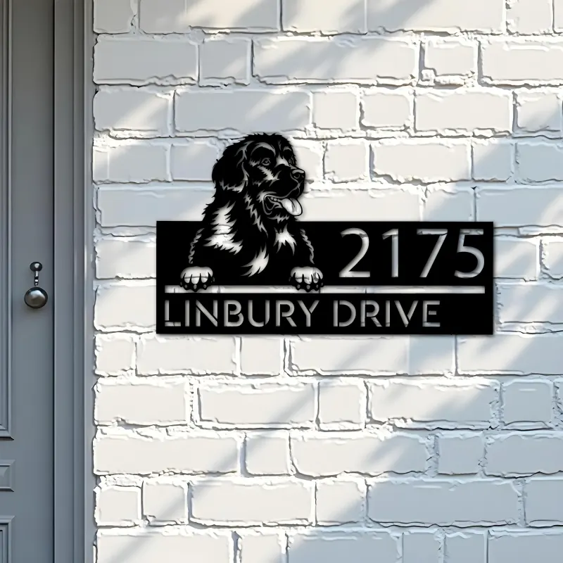 Custom Metal Newfoundland dog Puppy Metal Address Sign House number Hanging Address Plaque Yard Sign Outdoor decor