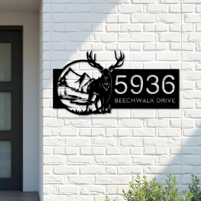 Custom Metal Deer mountain wild scene Metal Address Sign, House number, Outdoor Number Signage, Yard Sign Address Plate