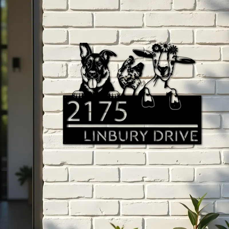 Custom Metal German shepherd chicken and goat Metal Address Sign, House number, Outdoor Number Signage, Yard Sign Address Plate