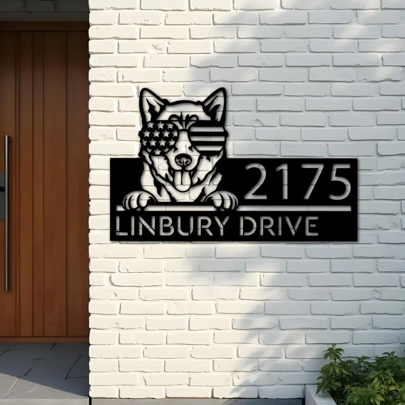 Custom Metal Husky dog US flag glasses Metal Address Sign House number Hanging Address Plaque Yard Sign Outdoor decor