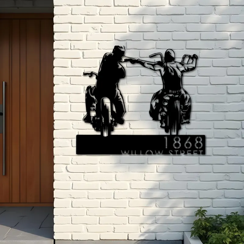 Custom Metal Biker brothers fist bump Motocycle riders Metal Address Sign, House number, Outdoor Number Signage, Yard Sign Address Plate