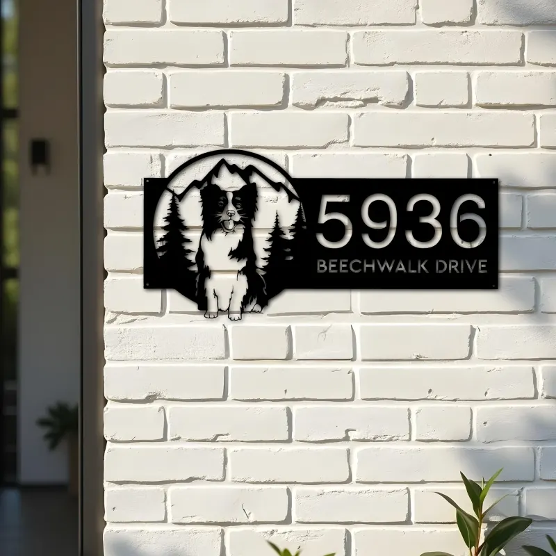 Custom Metal Dog mountain scene Metal Address Sign, House number, Outdoor Number Signage, Yard Sign Address Plate