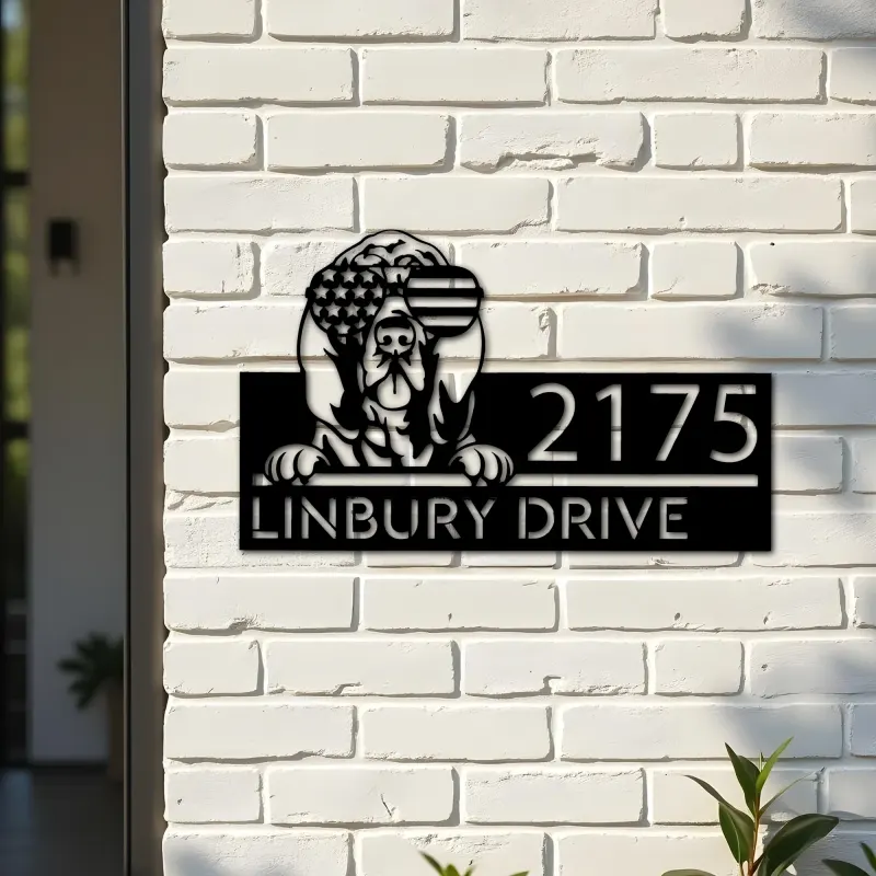 Custom Metal Bloodhound dog US flag glasses Metal Address Sign House number Hanging Address Plaque Yard Sign Outdoor decor