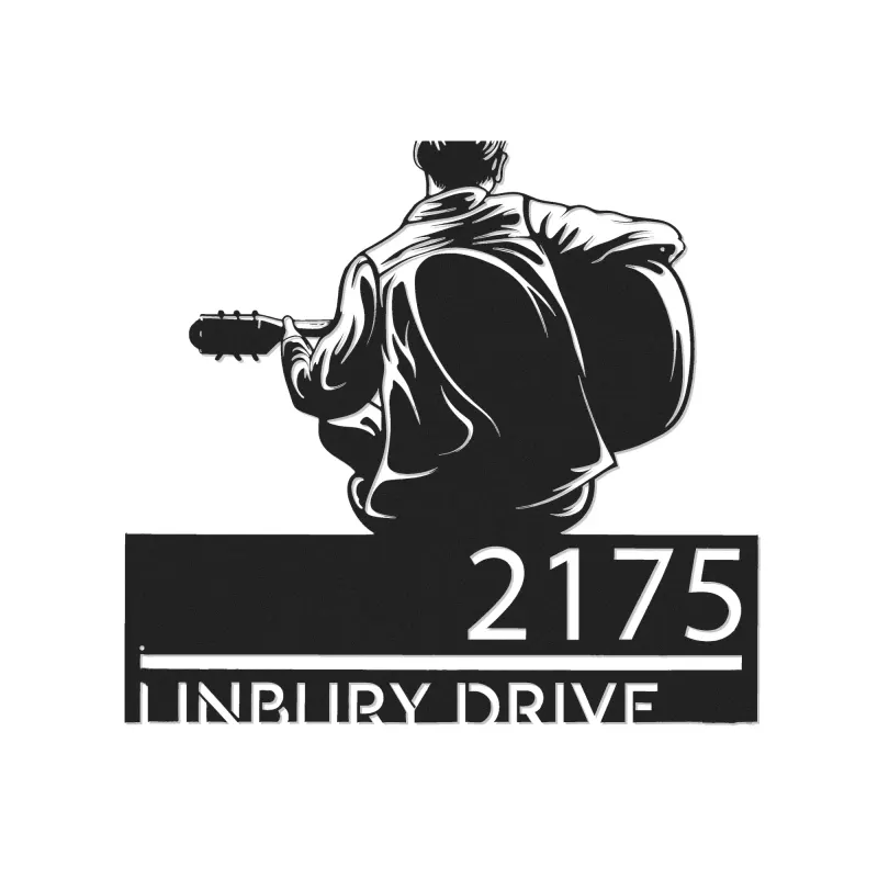 Custom Metal Man playing guitar guitarist Metal Address Sign, House number, Outdoor Number Signage, Yard Sign Address Plate