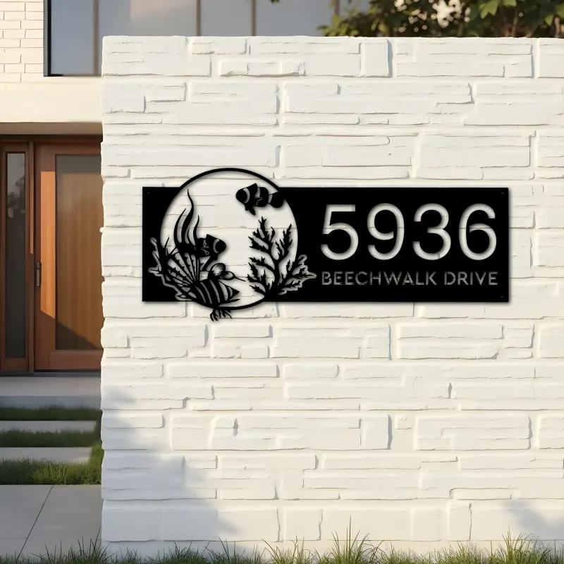 Custom Metal Fish sea life Metal Address Sign, House number, Outdoor Number Signage, Yard Sign Address Plate001