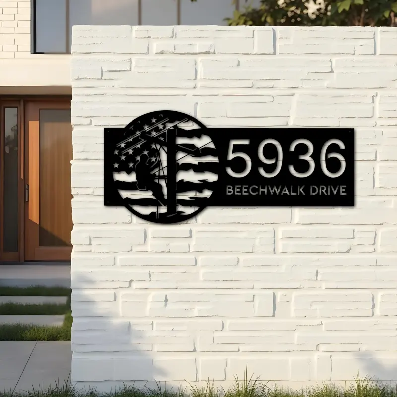 Custom Metal Electrician lineman US flag Metal Address Sign, House number, Outdoor Number Signage, Yard Sign Address Plate