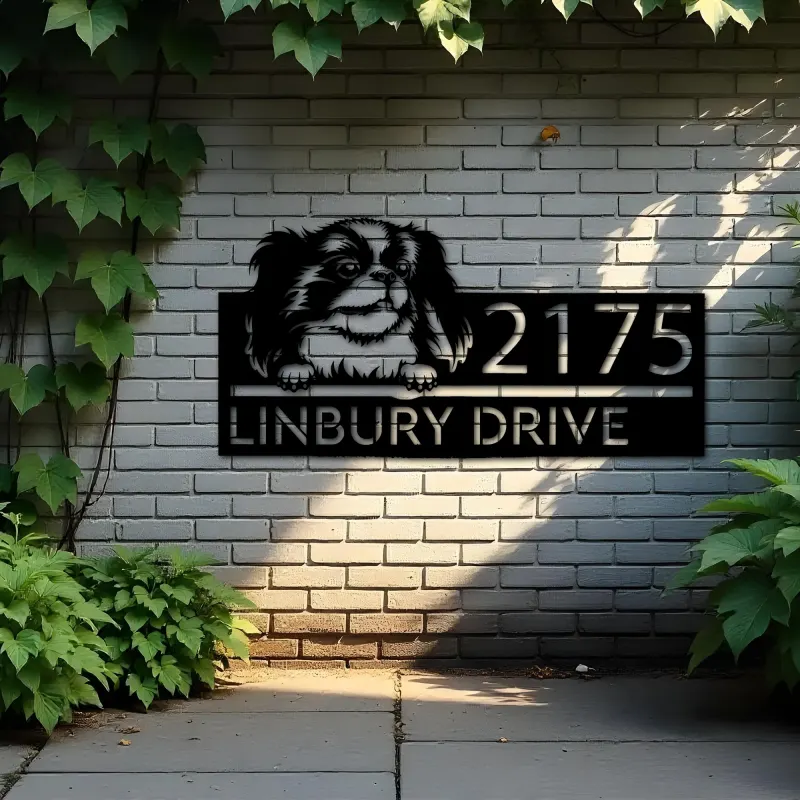 Custom Metal Japanese Chin dog Puppy Metal Address Sign House number Hanging Address Plaque Yard Sign Outdoor decor