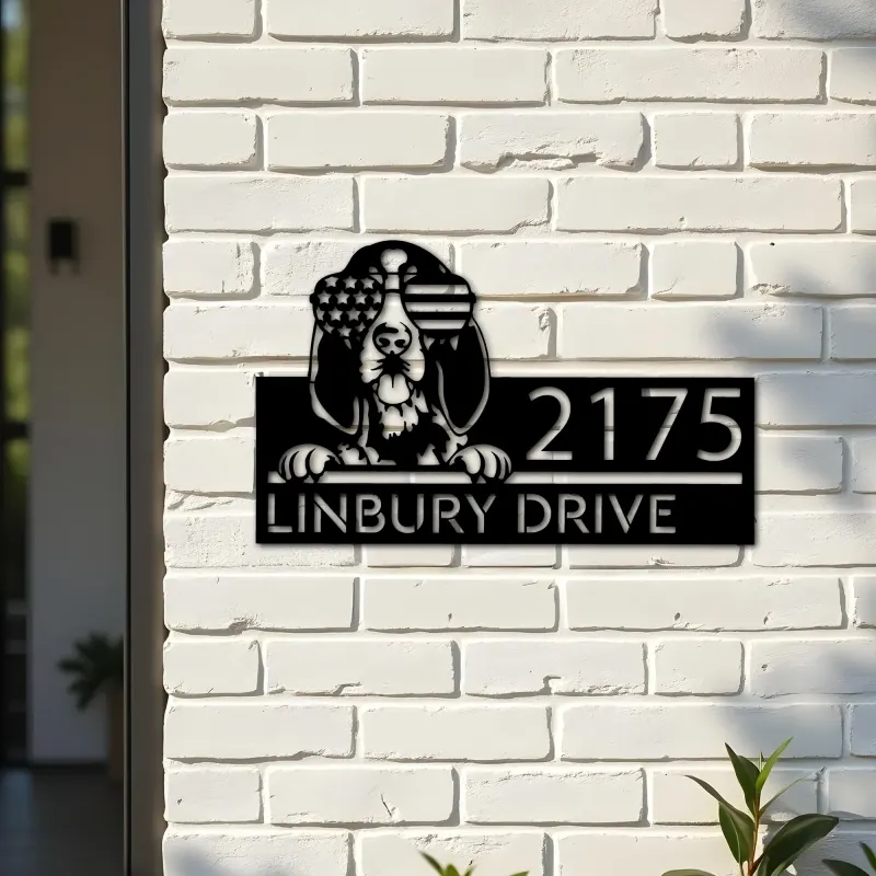 Custom Metal Bluetick coonhound dog US glasses Metal Address Sign House number Hanging Address Plaque Yard Sign Outdoor decor