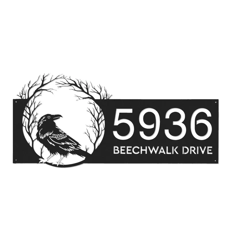 Custom Metal Raven Crow Halloween Wreath Metal Address Sign, House number, Outdoor Number Signage, Yard Sign Address Plate