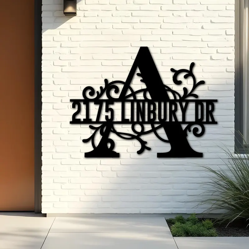 Custom Metal Floral Monogram Split Letter A Metal Address Sign House number Hanging Address Plaque Yard Sign Outdoor decor