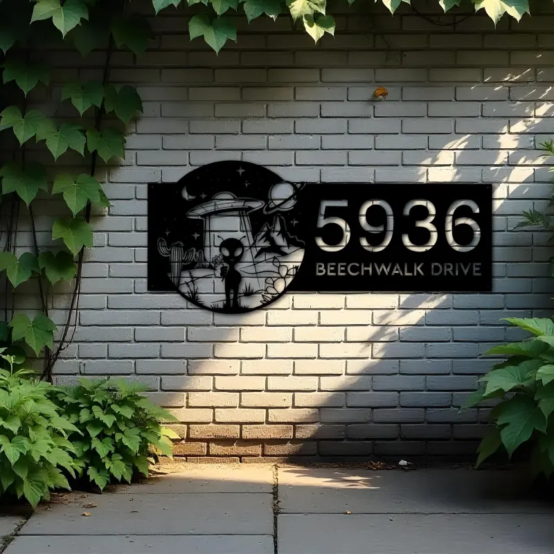 Custom Metal Alien on the Desert UFO Metal Address Sign House number Hanging Address Plaque Yard Sign Outdoor
