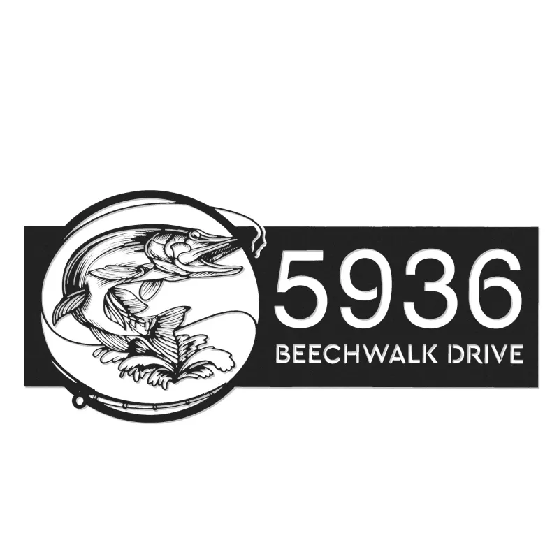 Custom Metal Pike fishing rod bait hook Metal Address Sign, House number, Outdoor Number Signage, Yard Sign Address Plate