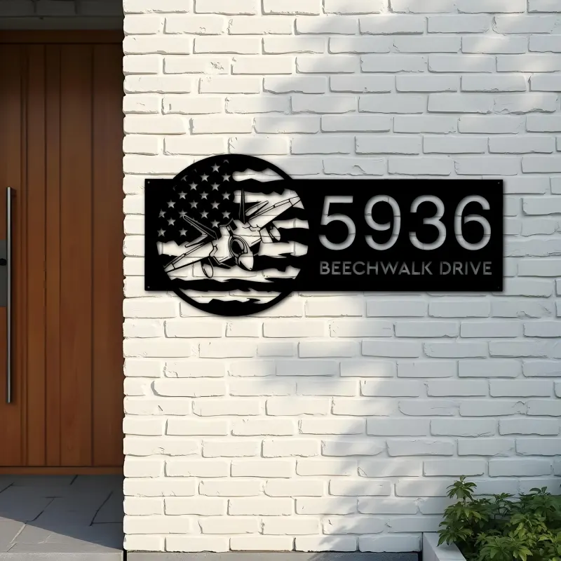Custom Metal Airplane jet on US flag Metal Address Sign House number Hanging Address Plaque Yard Sign Outdoor