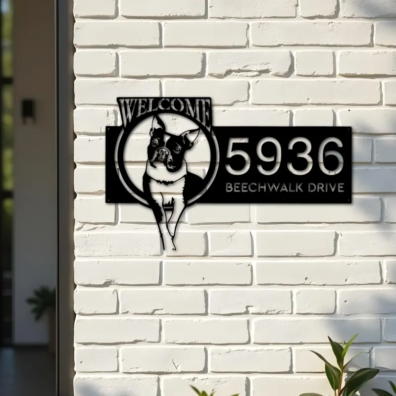 Custom Metal Boston Terrier dog welcome Metal Address Sign, House number, Outdoor Number Signage, Yard Sign Address Plate
