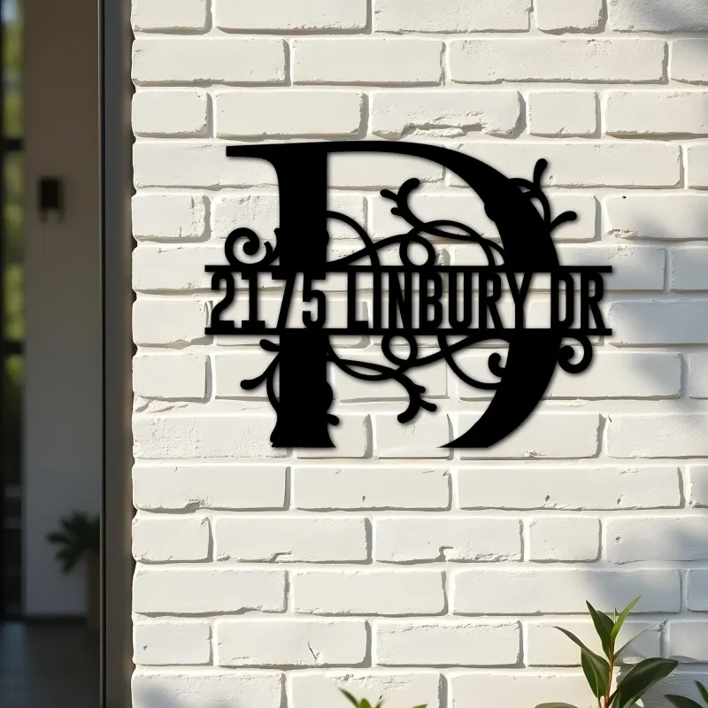 Custom Metal Floral Monogram Split Letter D Metal Address Sign House number Hanging Address Plaque Yard Sign Outdoor decor