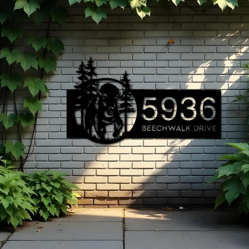 Custom Metal Bison forest wild life Metal Address Sign, House number, Outdoor Number Signage, Yard Sign Address Plate