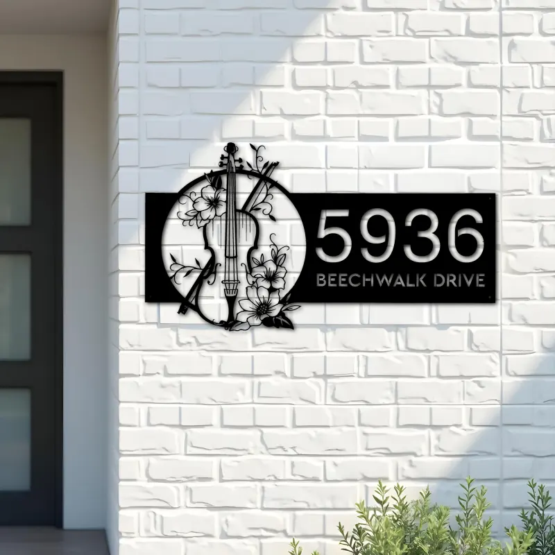 Custom Metal Floral Violin Violin player Metal Address Sign, House number, Outdoor Number Signage, Yard Sign Address Plate