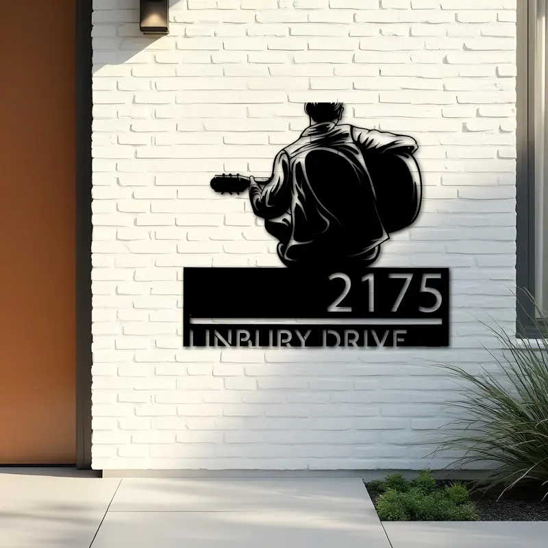 Custom Metal Man playing guitar guitarist Metal Address Sign, House number, Outdoor Number Signage, Yard Sign Address Plate