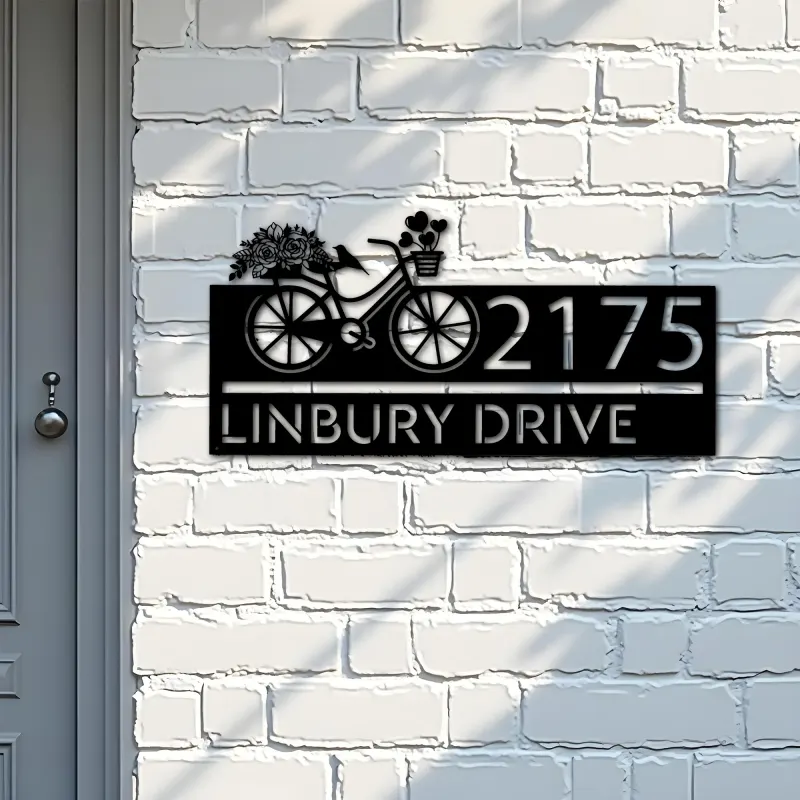 Custom Metal Bicycle with flower and hearts Metal Address Sign, House number, Outdoor Number Signage, Yard Sign Address Plate