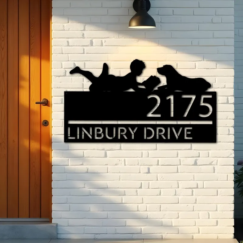 Custom Metal Boy reading book with dog Metal Address Sign, House number, Outdoor Number Signage, Yard Sign Address Plate