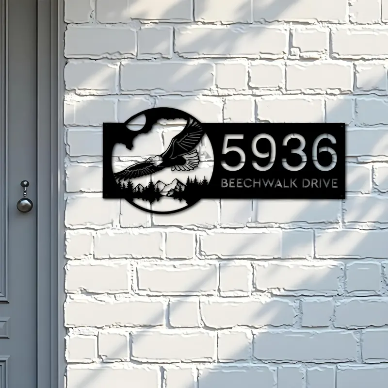 Custom Metal Eagle flying mountain forest scene Metal Address Sign, House number, Outdoor Number Signage, Yard Sign Address Plate