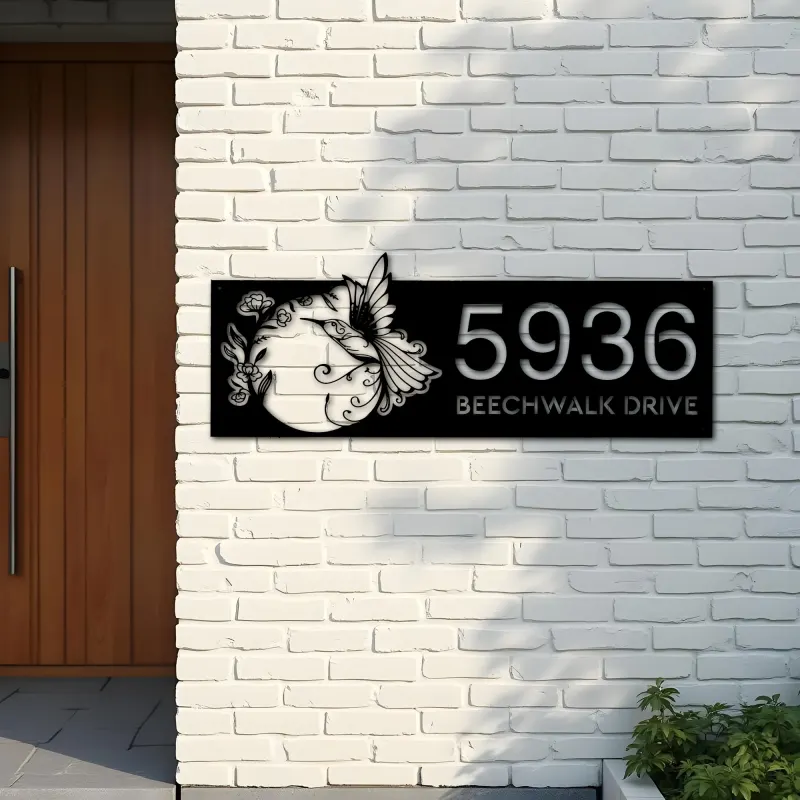 Custom Metal Floral hummingbird Metal Address Sign, House number, Outdoor Number Signage, Yard Sign Address Plate