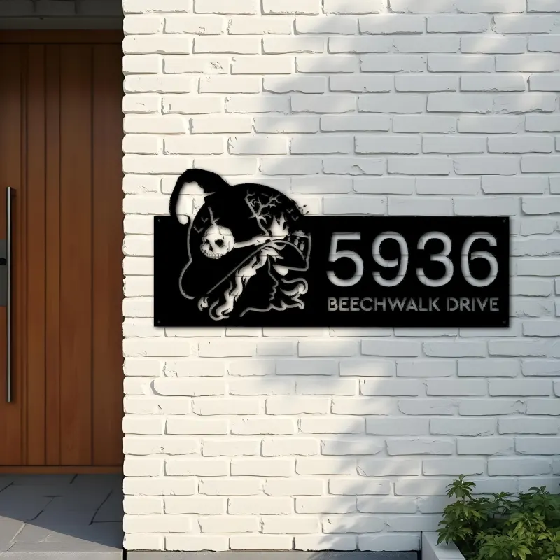 Custom Metal Witch haunted house halloween Metal Address Sign House number Hanging Address Plaque Yard Outdoor Sign